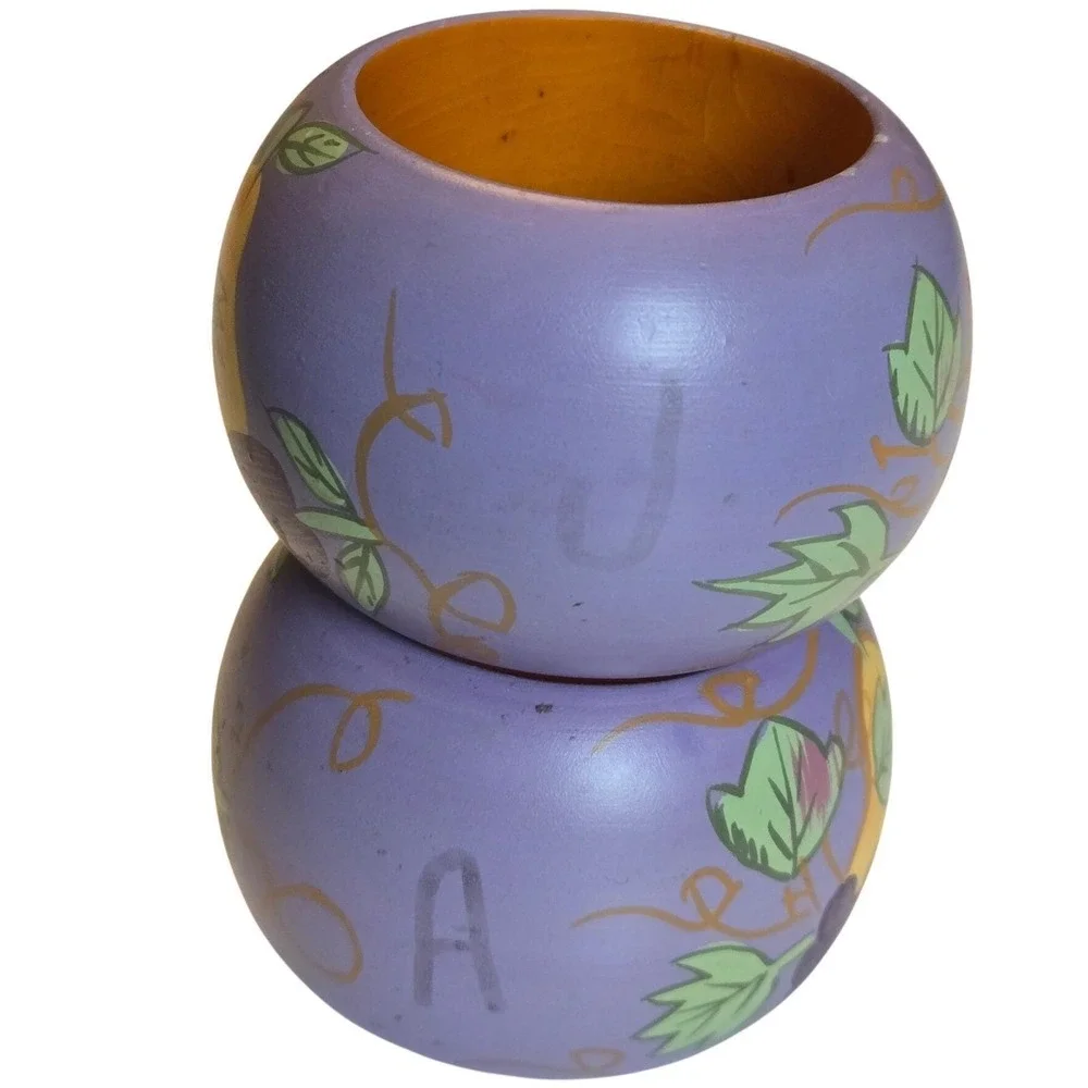 Vintage Hand Painted Wooden Fruit Napkin Rings Set 2 Farmhouse Country Decor